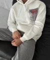 Uzun Kol Kapüşonlu Ön Ve Arka Baskılı SweatShirt - Beyaz