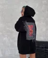 Uzun Kol Kapüşonlu Ön Ve Arka Baskılı SweatShirt - Siyah