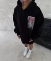 Uzun Kol Kapüşonlu Ön Ve Arka Baskılı SweatShirt - Siyah