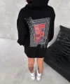 Uzun Kol Kapüşonlu Ön Ve Arka Baskılı SweatShirt - Siyah