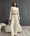 Uzun Kollu Badi ve Pantolon İkili Takım - Bej