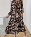 Uzun Kollu Bisiklet Yaka Leopar Desenli Midi Süprem Elbise