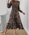 Uzun Kollu Bisiklet Yaka Leopar Desenli Midi Süprem Elbise