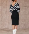 Uzun Kollu Kruvaze Yaka çizgi Desenli Kısa Triko Elbise