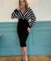 Uzun Kollu Kruvaze Yaka çizgi Desenli Kısa Triko Elbise
