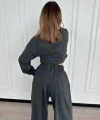 Uzun Kollu Önü İp Büzgülü Crop ve Pantolon İkili Takım - Antrasit