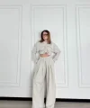 Uzun Kollu Önü İp Büzgülü Crop ve Pantolon İkili Takım - Gri