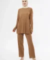 Uzun Kollu Organik Yıkanmış Kumaş Fitilli Pantolonlu Takım - Kahve