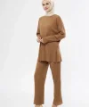 Uzun Kollu Organik Yıkanmış Kumaş Fitilli Pantolonlu Takım - Kahve