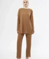 Uzun Kollu Organik Yıkanmış Kumaş Fitilli Pantolonlu Takım - Kahve