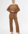 Uzun Kollu Organik Yıkanmış Kumaş Fitilli Pantolonlu Takım - Kahve