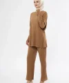 Uzun Kollu Organik Yıkanmış Kumaş Fitilli Pantolonlu Takım - Kahve
