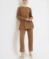 Uzun Kollu Organik Yıkanmış Kumaş Fitilli Pantolonlu Takım - Kahve