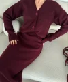 V Yaka 3 Düğmeli Hırka Takım Triko İkili Etekli - Bordo