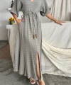 V YAKA BEL BONCUK BAĞLAMALI MÜSLİN ELBİSE YIRTMAÇ DETAYLI - Gri