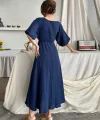 V YAKA BEL BONCUK BAĞLAMALI MÜSLİN ELBİSE YIRTMAÇ DETAYLI - Lacivert