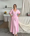 V YAKA BEL BONCUK BAĞLAMALI MÜSLİN ELBİSE YIRTMAÇ DETAYLI - Pembe