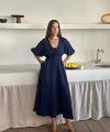 V YAKA DÖKÜMLÜ ELBİSE - Lacivert