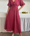 V YAKA DÖKÜMLÜ ELBİSE - Pembe