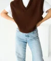 V Yaka Düz Süveter - Acı Kahve