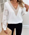 V Yaka Fistolu Kolu Tül Detaylı Bluz -Beyaz