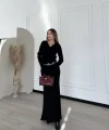 V Yaka Fitilli Uzun Elbise- Siyah