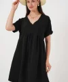 V Yaka Kısa Kol Elbise 2567 - Siyah