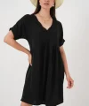 V Yaka Kısa Kol Elbise 2567 - Siyah