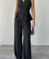 V YAKA KOLSUZ BLUZ - PANTOLON TAKIM MODAL KUMAŞ - Siyah