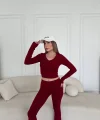 V yaka uzun kollu bluz İspanyol paçalı tayt İkili Takım - Bordo