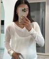 V Yaka uzun Kollu Triko ince Bluz - Beyaz