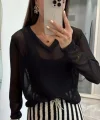 V Yaka uzun Kollu Triko ince Bluz - Siyah