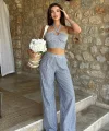Vesna Keten Çizgili Crop Takım 9806-0025