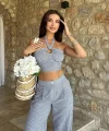 Vesna Keten Çizgili Crop Takım 9806-0025