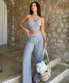 Vesna Keten Çizgili Crop Takım 9806-0025