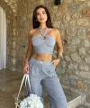 Vesna Keten Çizgili Crop Takım 9806-0025