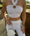 Vesna Keten Çizgili Crop Takım 9806-0025