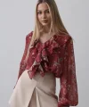 Volanlı Çiçek Desen Şifon Gömlek - Bordo