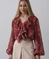 Volanlı Çiçek Desen Şifon Gömlek - Bordo