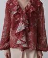 Volanlı Çiçek Desen Şifon Gömlek - Bordo