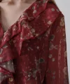 Volanlı Çiçek Desen Şifon Gömlek - Bordo
