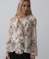 Volanlı Çiçek Desen Şifon Gömlek - Krem