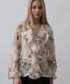 Volanlı Çiçek Desen Şifon Gömlek - Krem