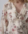 Volanlı Çiçek Desen Şifon Gömlek - Krem