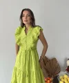 Yağ Yeşili Fırfırlı Düğmeli Elbise