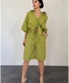 Yağ Yeşili Kısa Kollu Keten Gömlek Ve Şort Takım
