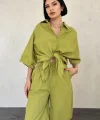 Yağ Yeşili Kısa Kollu Keten Gömlek Ve Şort Takım
