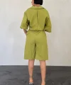 Yağ Yeşili Kısa Kollu Keten Gömlek Ve Şort Takım