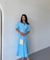 YAKA DÜĞME DETAYLI ELBİSE- Mavi