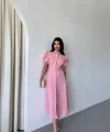 YAKA DÜĞME DETAYLI ELBİSE- Pembe